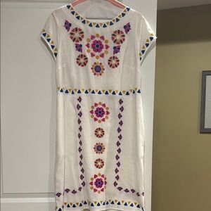 Boden Embroidered White Dress with Multicolor Accents